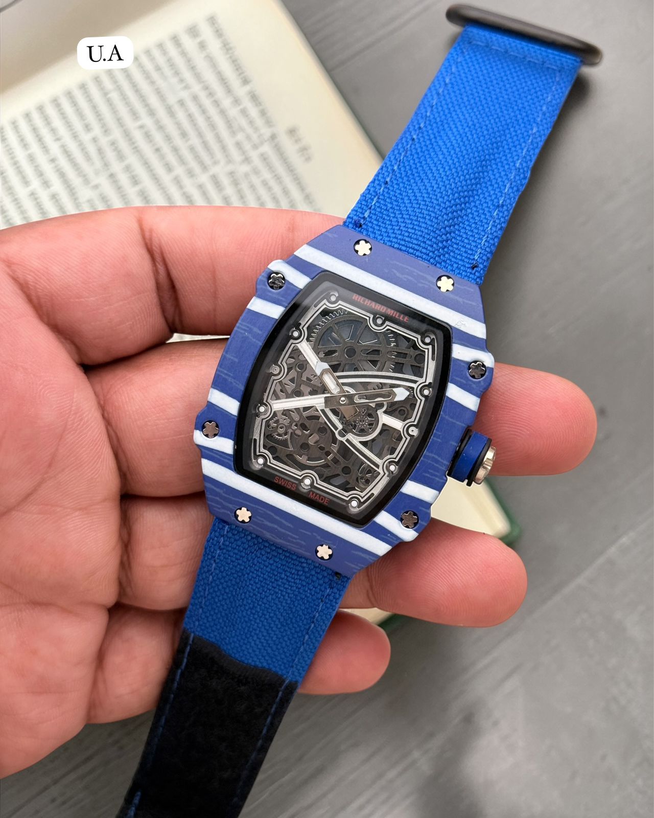 Luxury White Skeleton Dial Tonneau Men's Watch with Canvas Strap