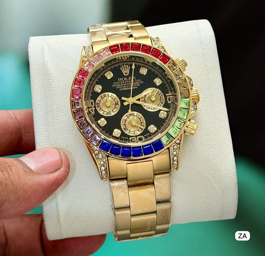 Luxury Rainbow Bezel Gold Men's Chronograph Style Watch with Black Dial – Premium Stainless Steel Designer Wrist Watch