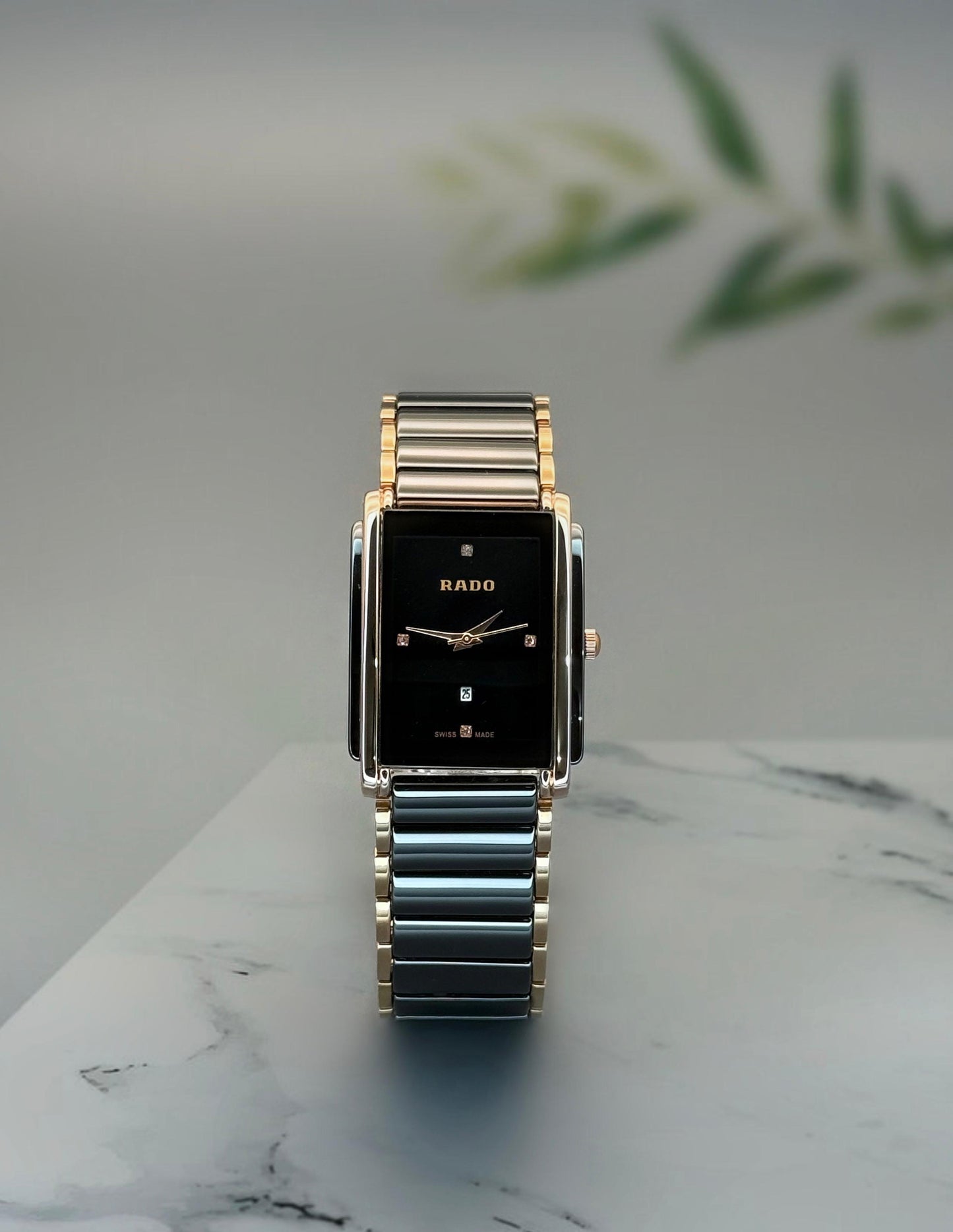 Ceramic Two-Tone Rectangular Watch | Black Dial with Diamond Markers