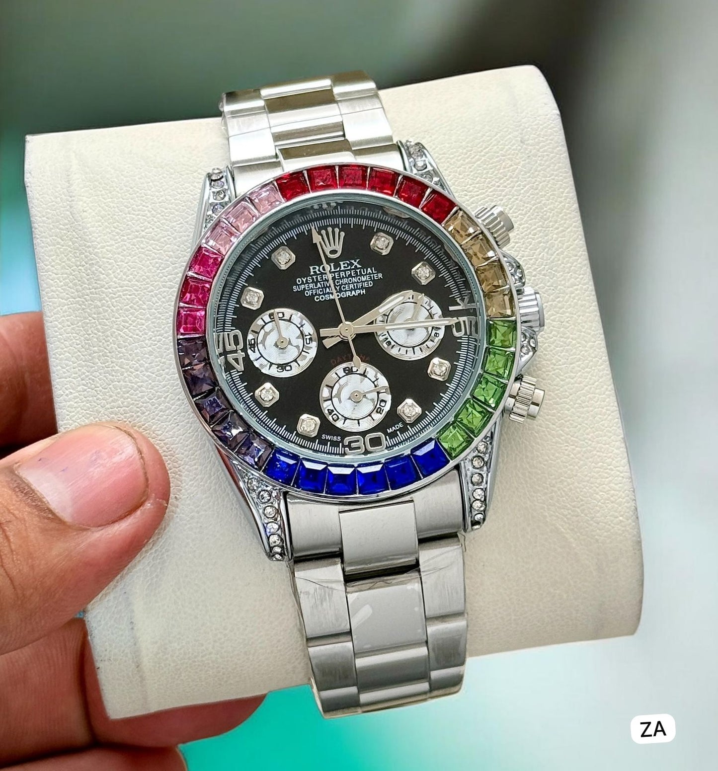 Luxury Rainbow Bezel Gold Men's Chronograph Style Watch with Black Dial – Premium Stainless Steel Designer Wrist Watch