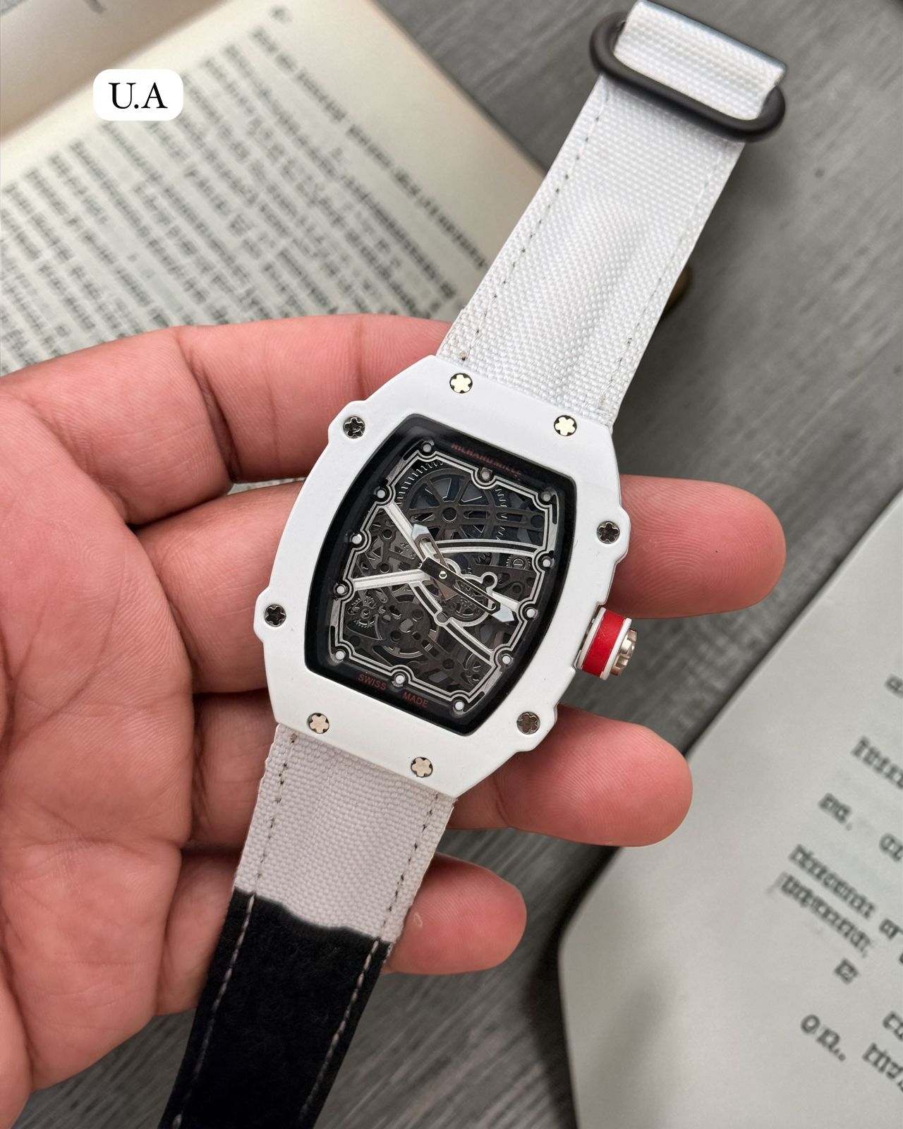 Luxury White Skeleton Dial Tonneau Men's Watch with Canvas Strap