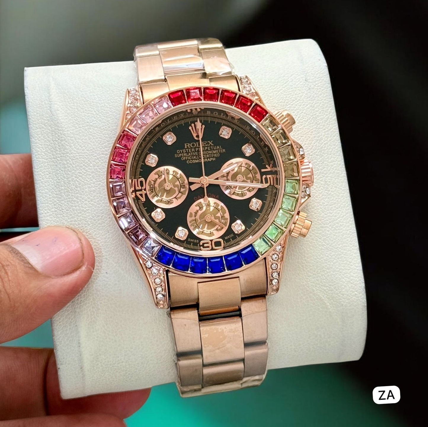 Luxury Rainbow Bezel Gold Men's Chronograph Style Watch with Black Dial – Premium Stainless Steel Designer Wrist Watch